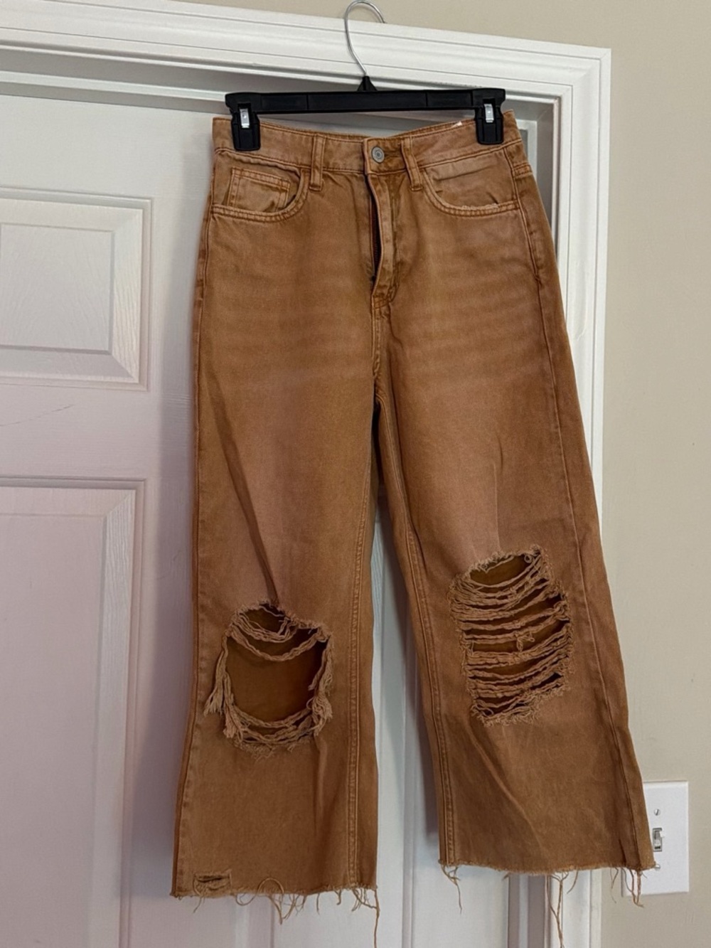 High-Rise Flare Jeans with Distressed Knees - Brown